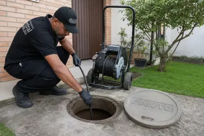 Técnico uniformizado desobstruindo a caixa de esgoto de uma residência com máquina profissional